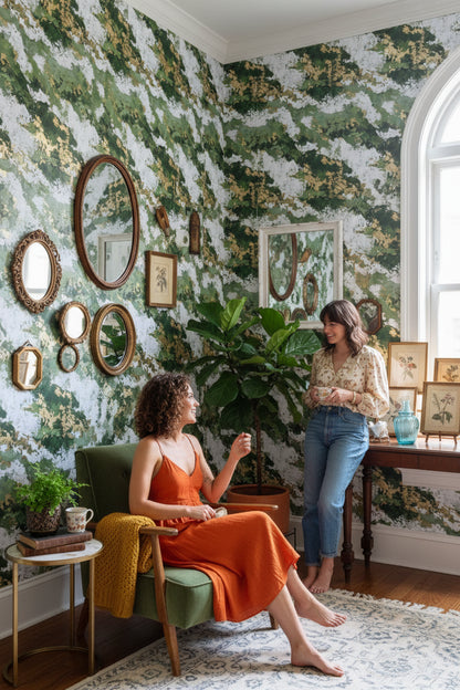 Soyut Bulut Desenli Duvar Kağıdı Yeşil Beyaz Salon