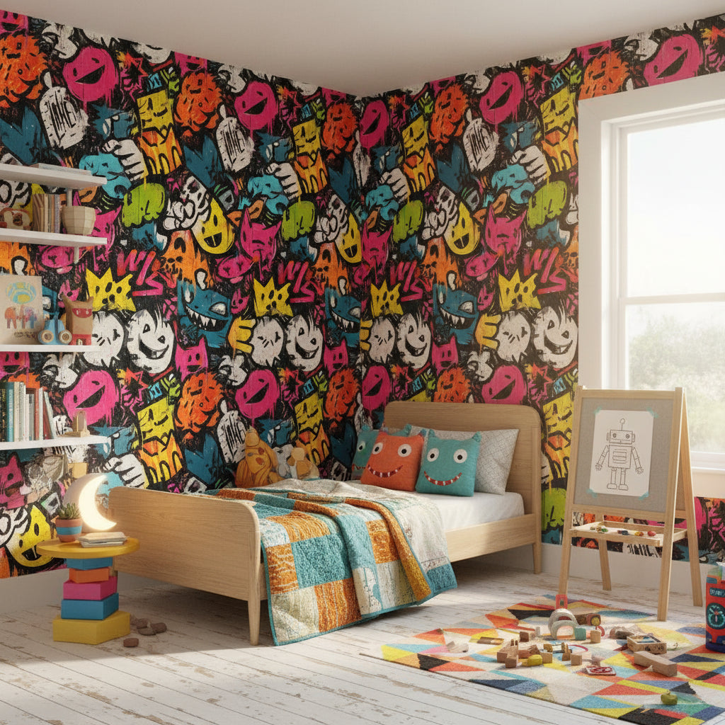 Renkli Grafiti Desenli Duvar Kağıdı Genç Odası