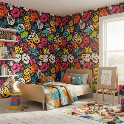 Renkli Grafiti Desenli Duvar Kağıdı Genç Odası