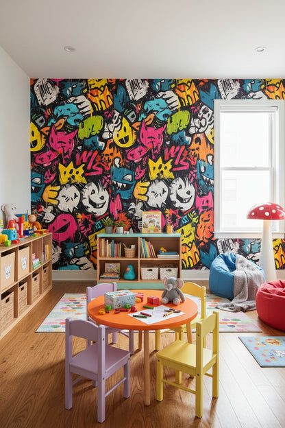 Renkli Grafiti Desenli Duvar Kağıdı Genç Odası