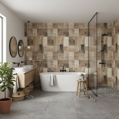 Ahşap Görünümlü Duvar Kağıdı Kare Patchwork Bej Salon