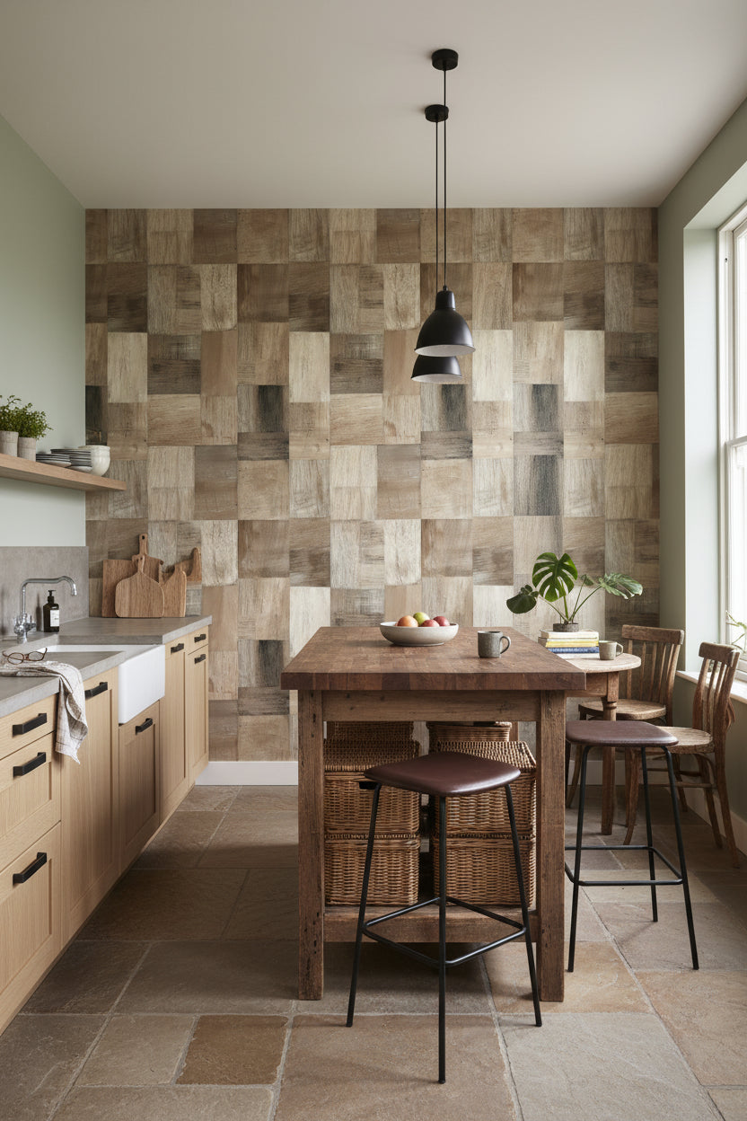 Ahşap Görünümlü Duvar Kağıdı Kare Patchwork Bej Salon