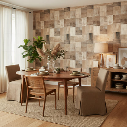 Ahşap Görünümlü Duvar Kağıdı Kare Patchwork Bej Salon