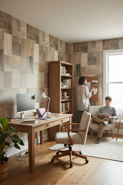 Ahşap Görünümlü Duvar Kağıdı Kare Patchwork Bej Salon
