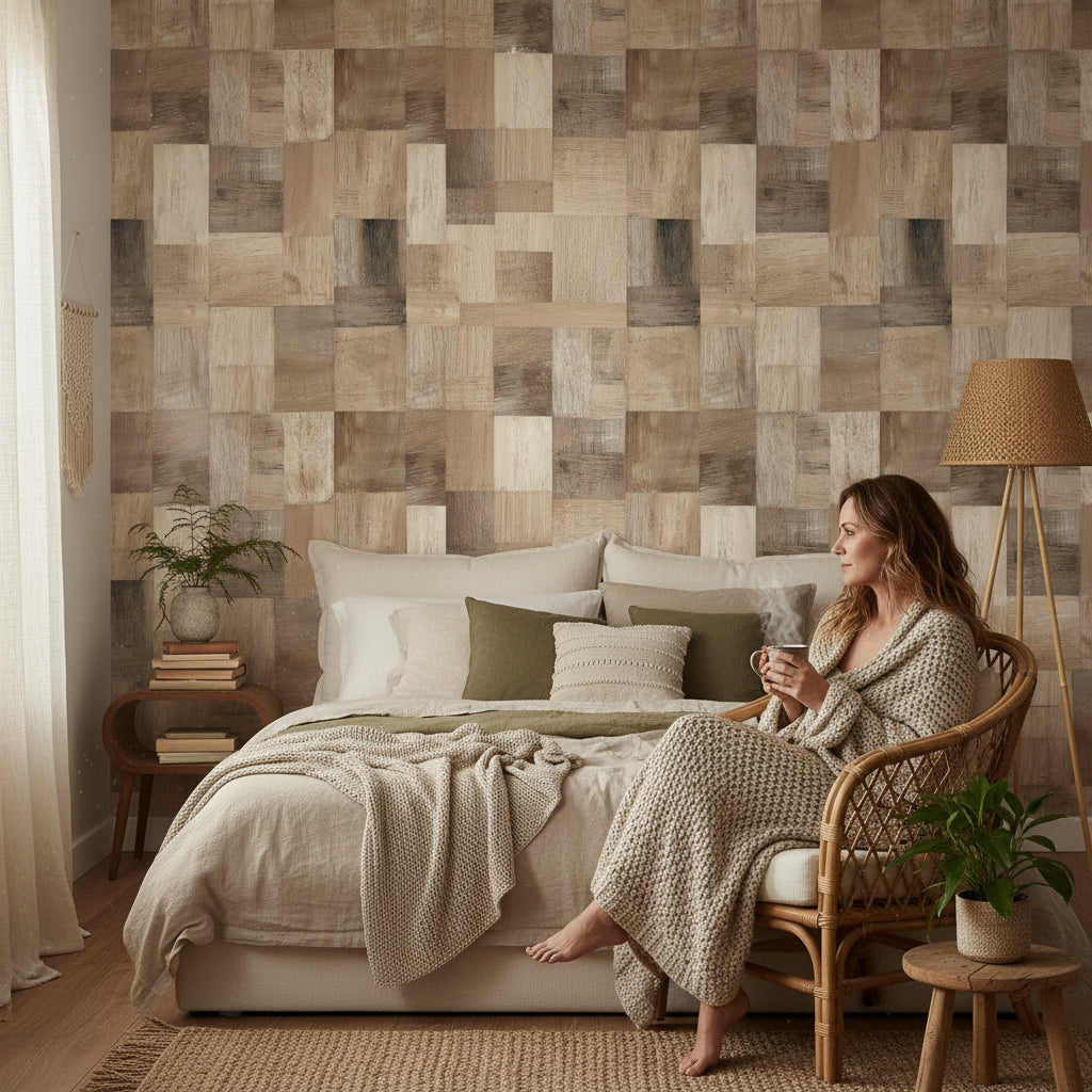 Ahşap Görünümlü Duvar Kağıdı Kare Patchwork Bej Salon