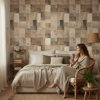 Ahşap Görünümlü Duvar Kağıdı Kare Patchwork Bej Salon
