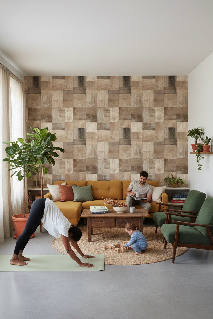 Ahşap Görünümlü Duvar Kağıdı Kare Patchwork Bej Salon