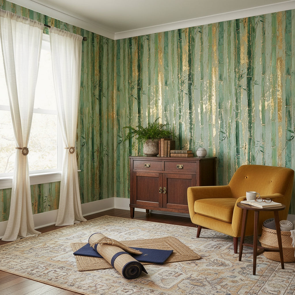 Bambu Desenli Duvar Kağıdı Yeşil Gold Salon Dekoru
