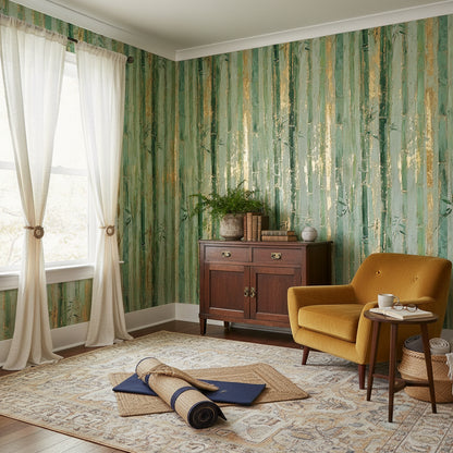 Bambu Desenli Duvar Kağıdı Yeşil Gold Salon Dekoru