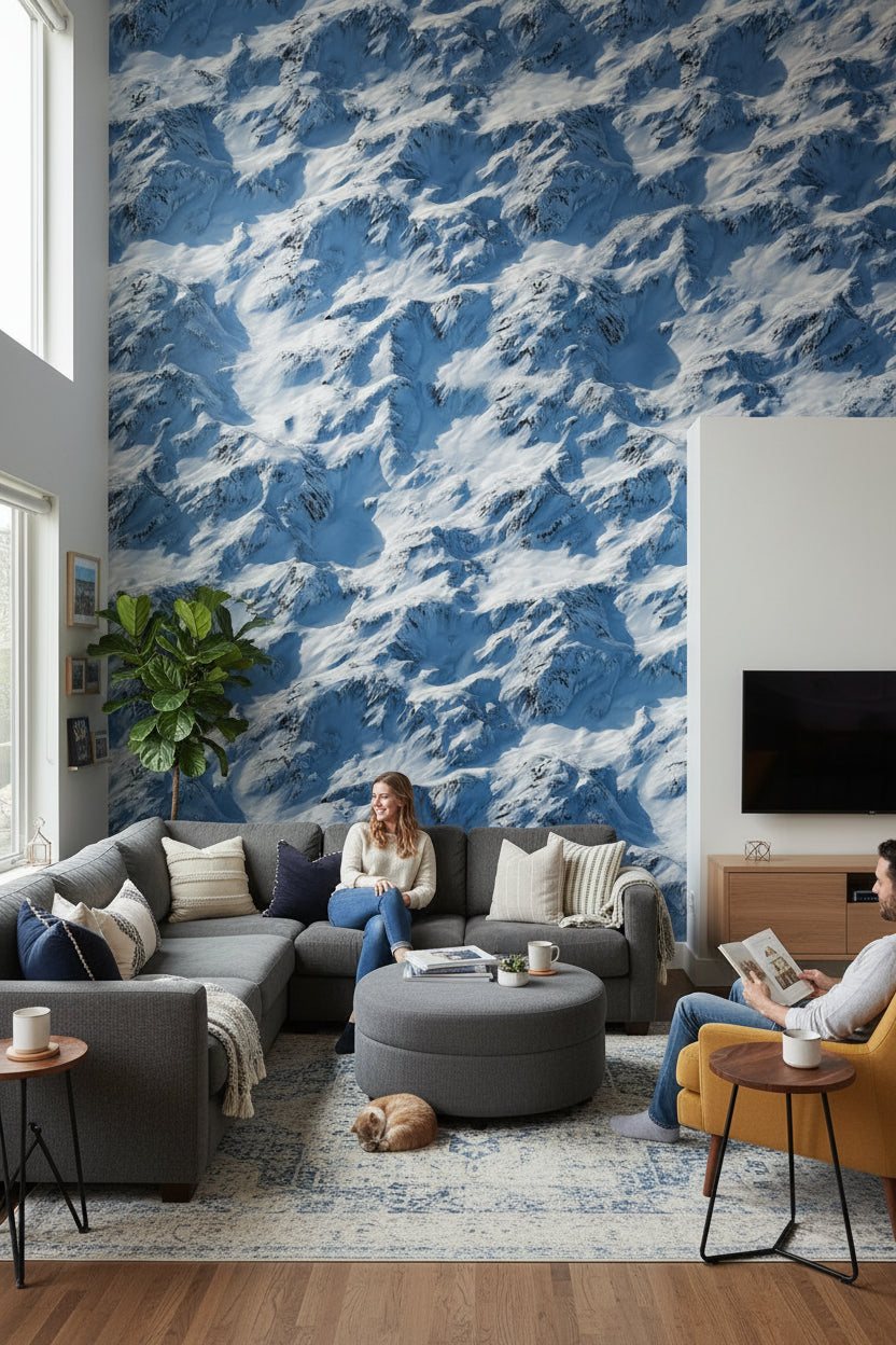 Mavi Bulut Desenli Duvar Kağıdı Modern Salon Duvarı