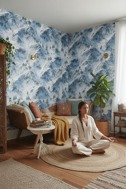 Karlı Dağ Manzaralı Duvar Kağıdı Mavi Salon