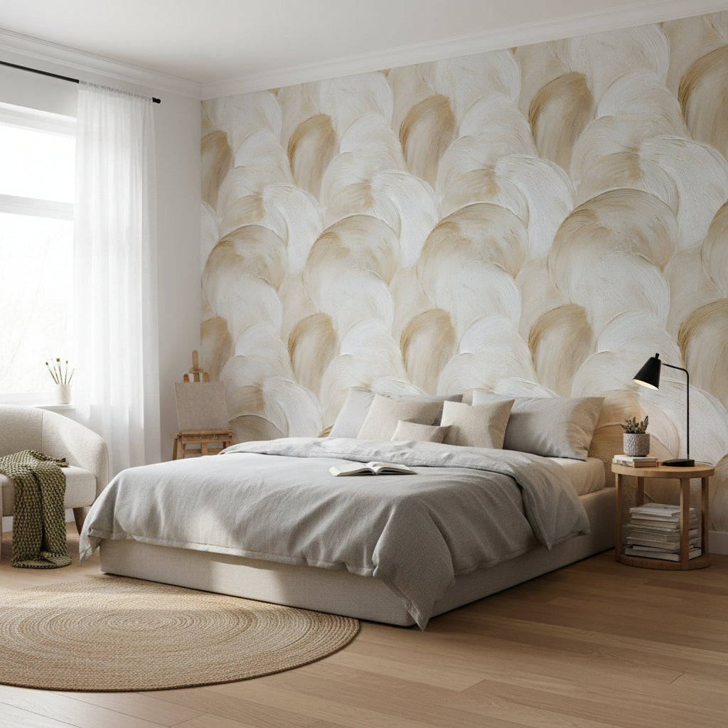 Bej Fırça Desenli Duvar Kağıdı Modern Salon