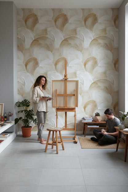 Bej Fırça Desenli Duvar Kağıdı Modern Salon