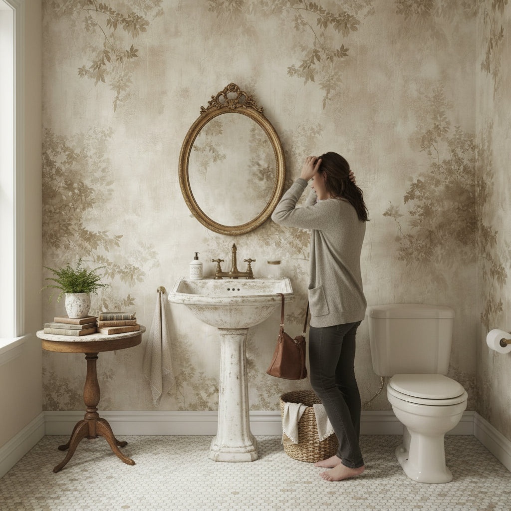 Bej Sarmaşık Desenli Duvar Kağıdı Klasik Banyo