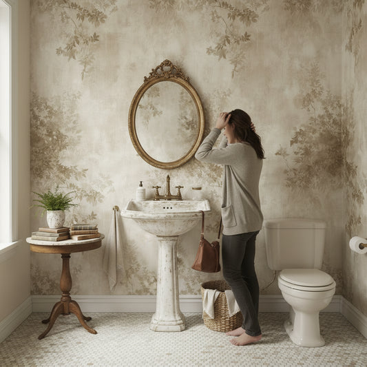 Bej Sarmaşık Desenli Duvar Kağıdı Klasik Banyo