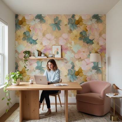 Suluboya Çiçek Desenli Duvar Kağıdı Pastel Salon Duvarı
