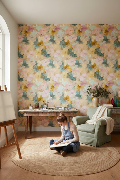Suluboya Çiçek Desenli Duvar Kağıdı Pastel Salon Duvarı