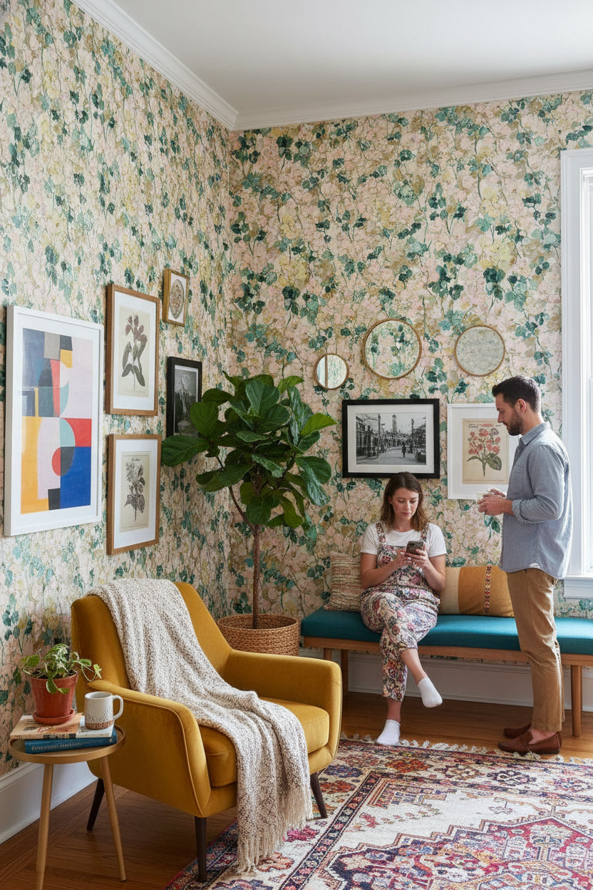 Vintage Sarmaşık Desenli Duvar Kağıdı Yeşil Krem Salon