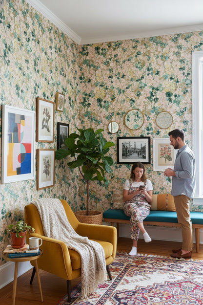 Vintage Sarmaşık Desenli Duvar Kağıdı Yeşil Krem Salon