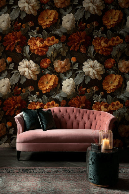 Koyu Zeminde Vintage Çiçekli Duvar Kağıdı Turuncu Beyaz Desen