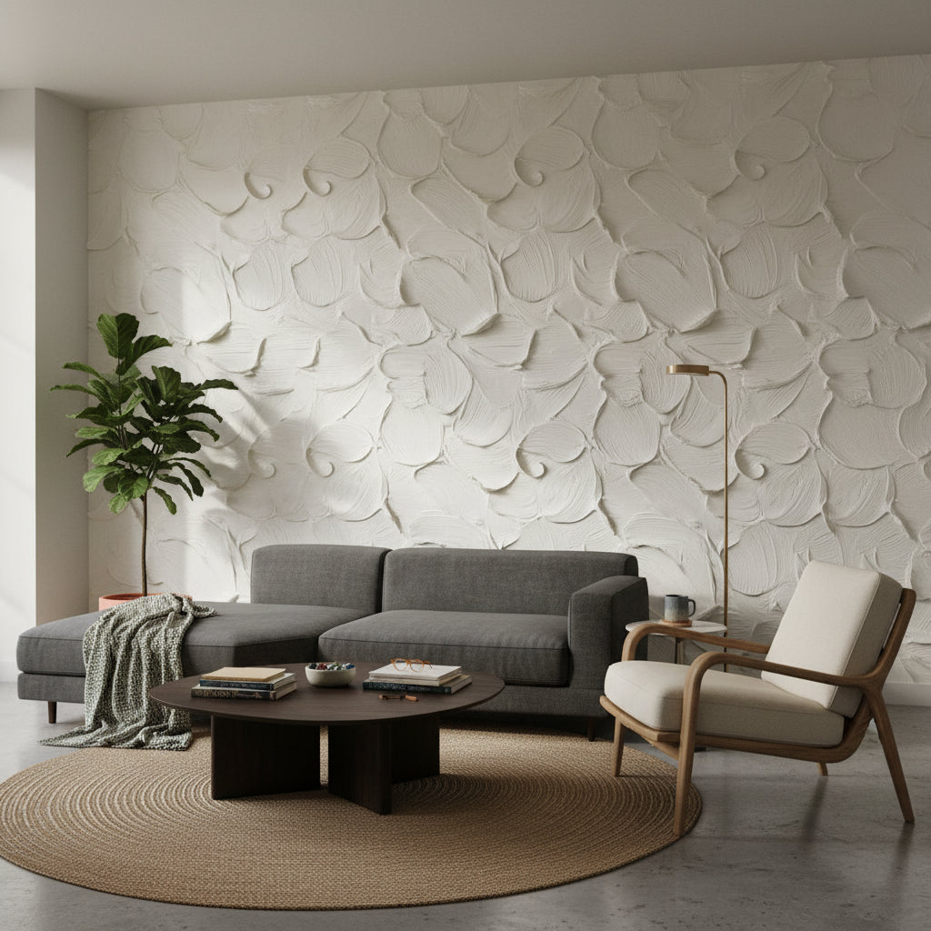 Kabartma desenli Duvar Kağıdı Krem Modern Yatak Odası
