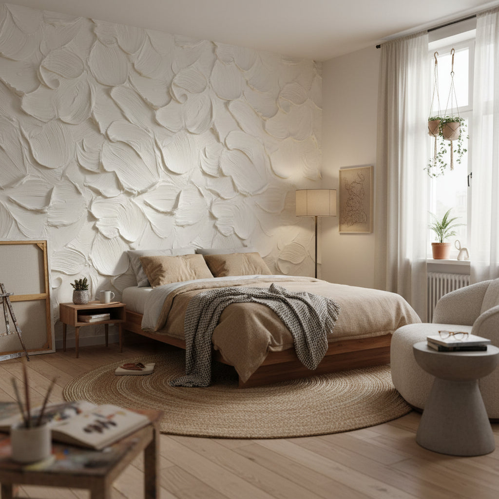 Kabartma desenli Duvar Kağıdı Krem Modern Yatak Odası