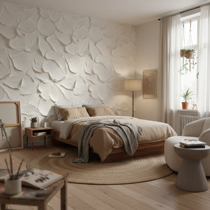 Kabartma desenli Duvar Kağıdı Krem Modern Yatak Odası