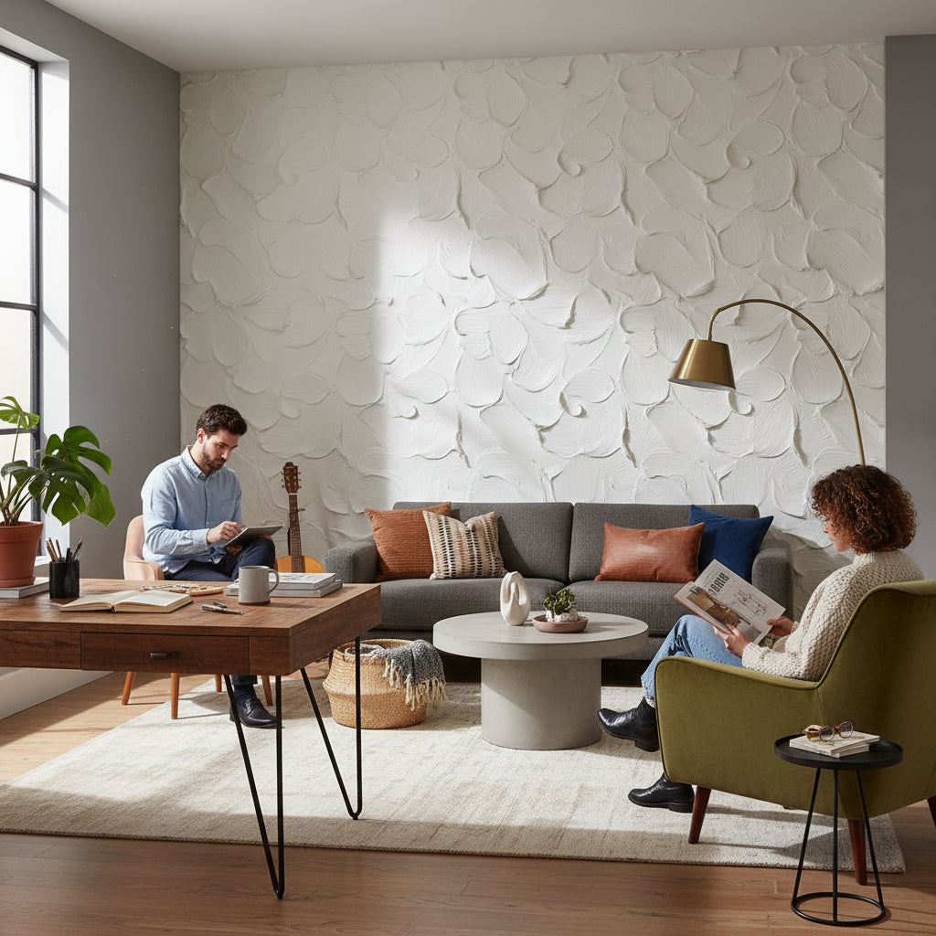 Kabartma desenli Duvar Kağıdı Krem Modern Yatak Odası