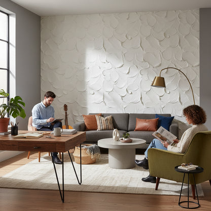Kabartma desenli Duvar Kağıdı Krem Modern Yatak Odası