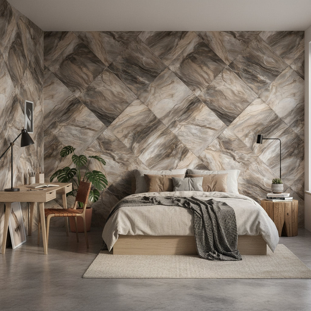 Mermer Görünümlü Geometrik Duvar Kağıdı Bej Kahverengi Salon