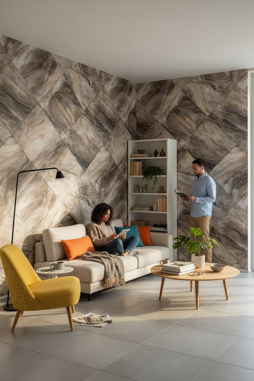 Mermer Görünümlü Geometrik Duvar Kağıdı Bej Kahverengi Salon