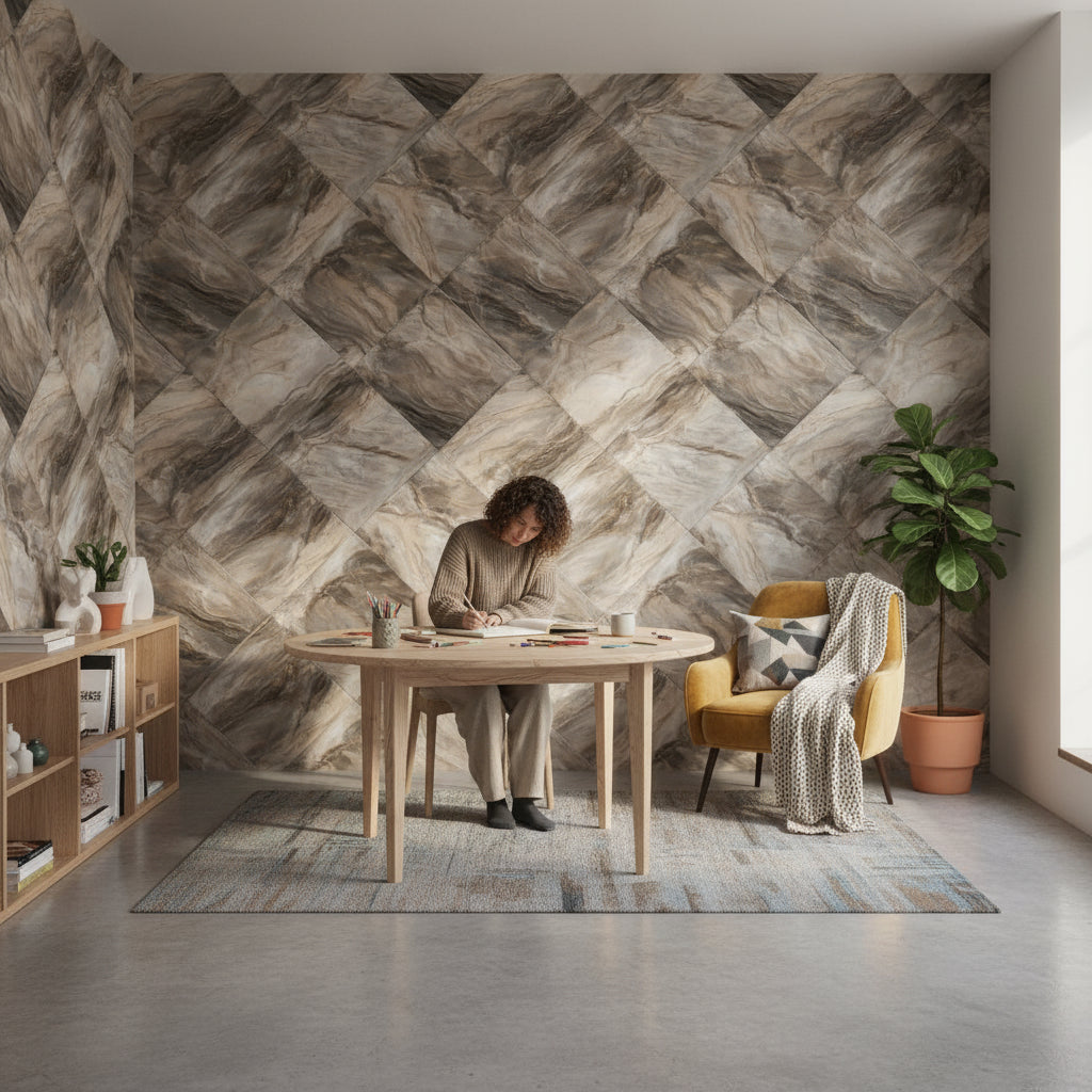 Mermer Görünümlü Geometrik Duvar Kağıdı Bej Kahverengi Salon