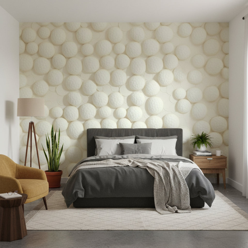 Kabartmalı Daire Desenli 3D Duvar Kağıdı Krem Salon