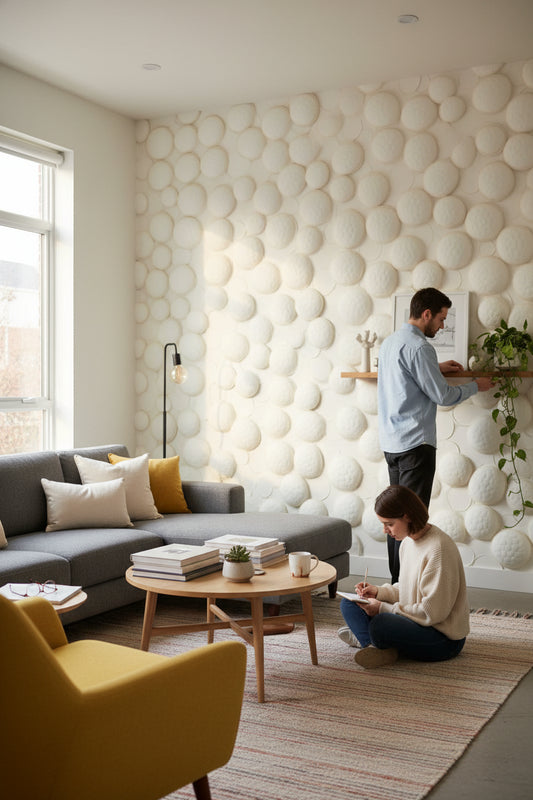 Kabartmalı Daire Desenli 3D Duvar Kağıdı Krem Salon