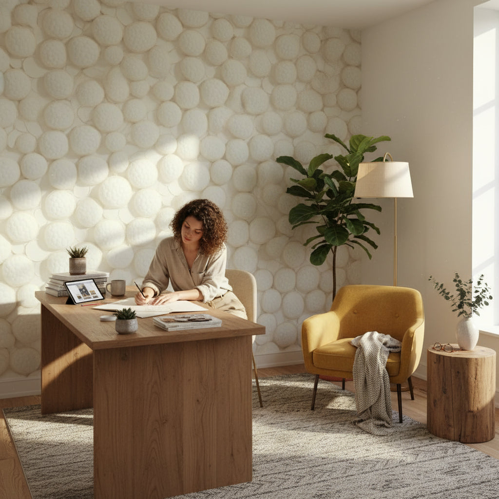 Kabartmalı Daire Desenli 3D Duvar Kağıdı Krem Salon