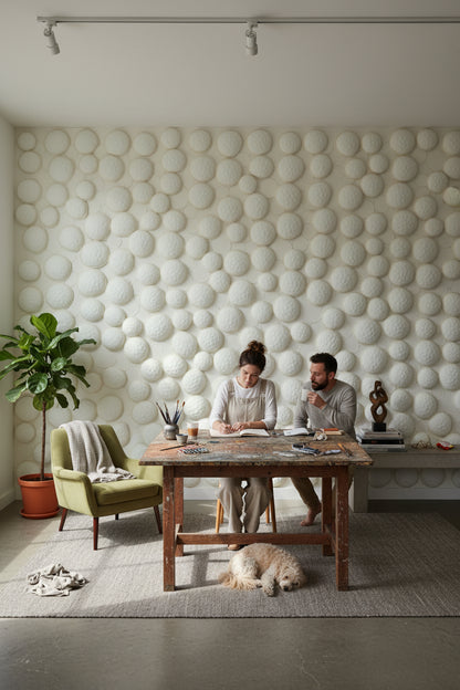 Kabartmalı Daire Desenli 3D Duvar Kağıdı Krem Salon
