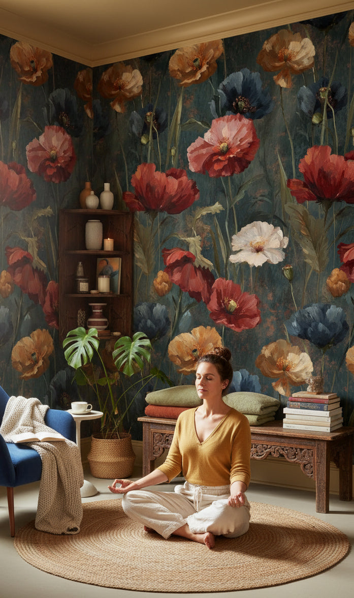 Vintage Çiçekli Duvar Kağıdı Koyu Yeşil Salon