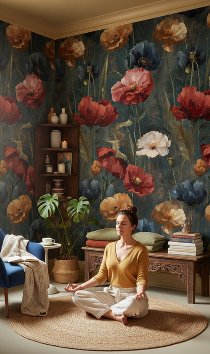 Vintage Çiçekli Duvar Kağıdı Koyu Yeşil Salon