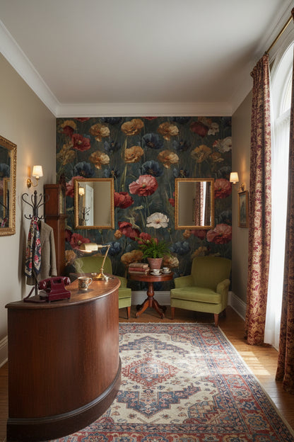 Vintage Çiçekli Duvar Kağıdı Koyu Yeşil Salon