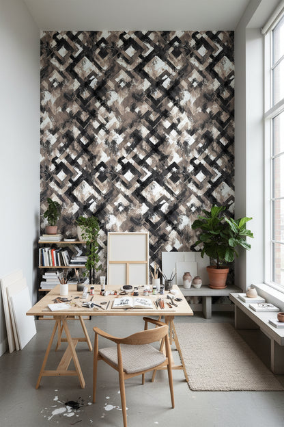 Soyut Geometrik Duvar Kağıdı Siyah Bej Salon Duvar Dekoru