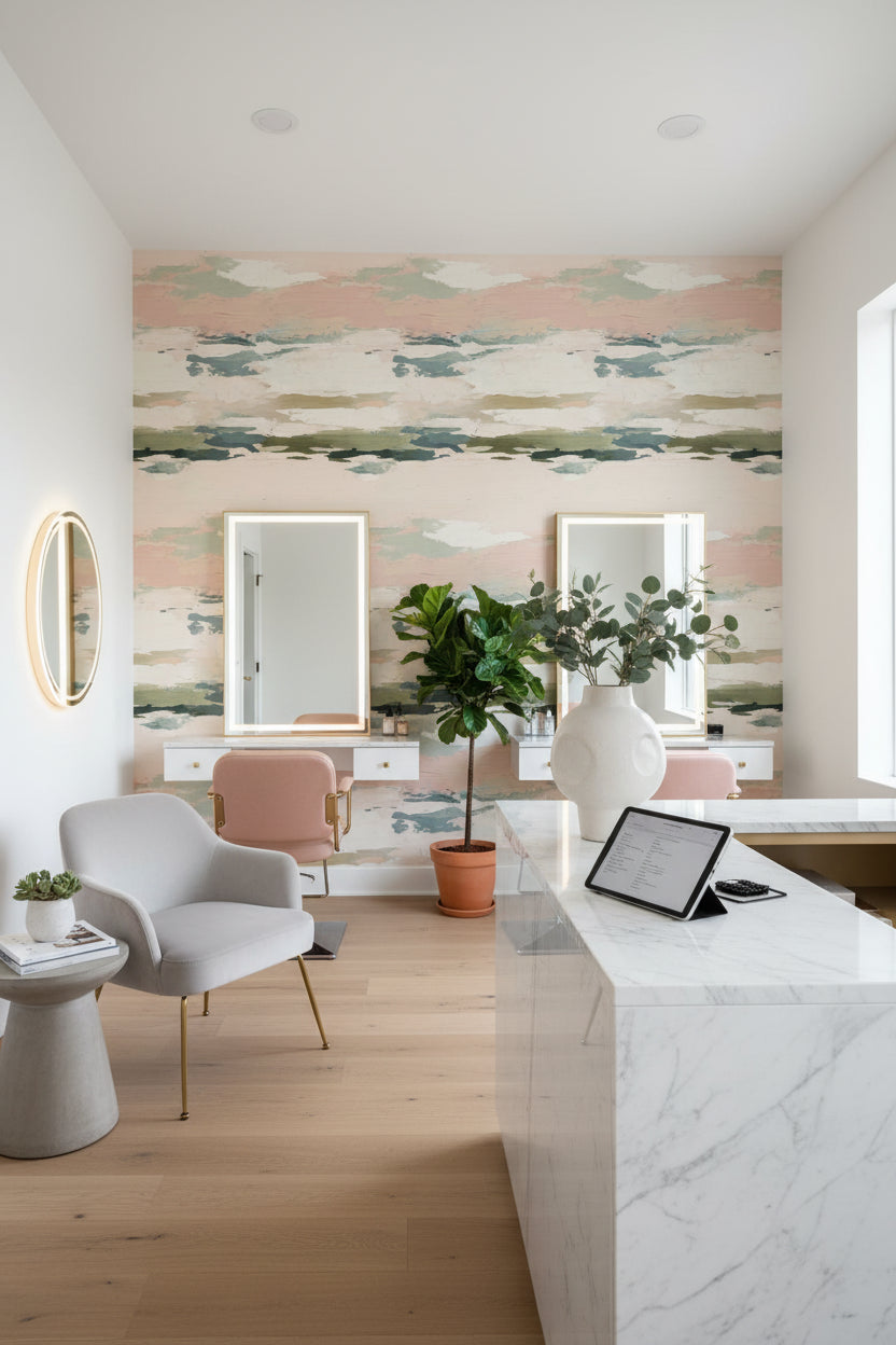 Soyut Suluboya Duvar Kağıdı Bej Yeşil Modern Salon