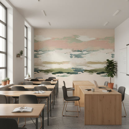 Soyut Suluboya Duvar Kağıdı Bej Yeşil Modern Salon