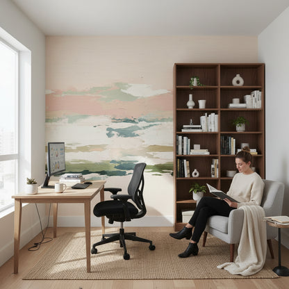 Soyut Suluboya Duvar Kağıdı Bej Yeşil Modern Salon