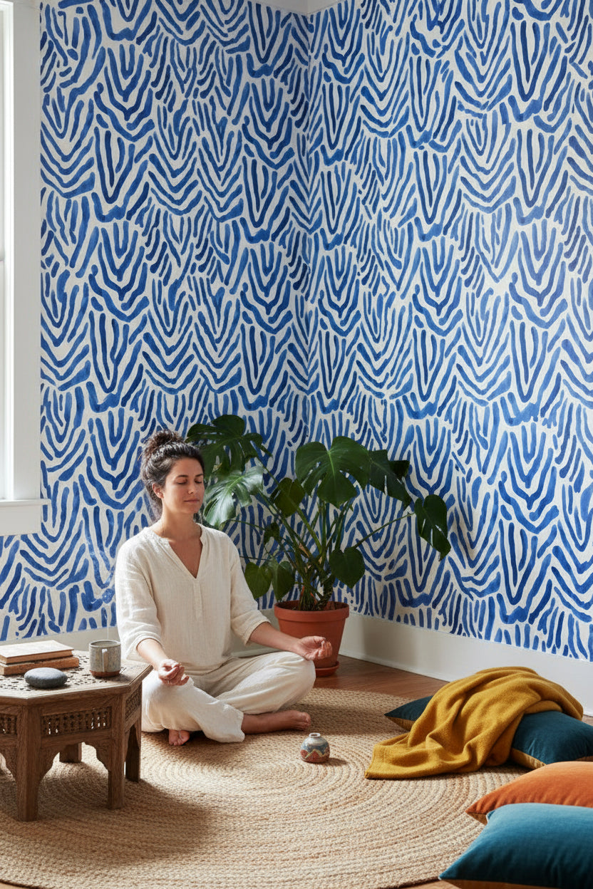 Mavi Zebra Desenli Duvar Kağıdı Modern Salon Dekoru