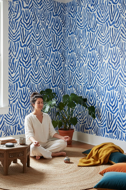 Mavi Zebra Desenli Duvar Kağıdı Modern Salon Dekoru