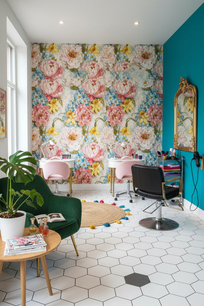 Vintage Çiçekli Duvar Kağıdı Renkli Salon Yemek Odası