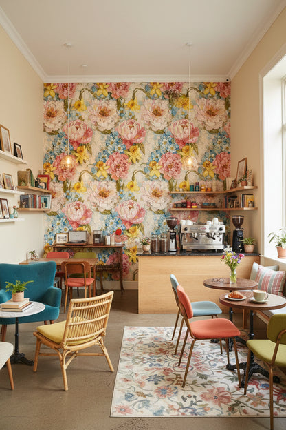 Vintage Çiçekli Duvar Kağıdı Renkli Salon Yemek Odası