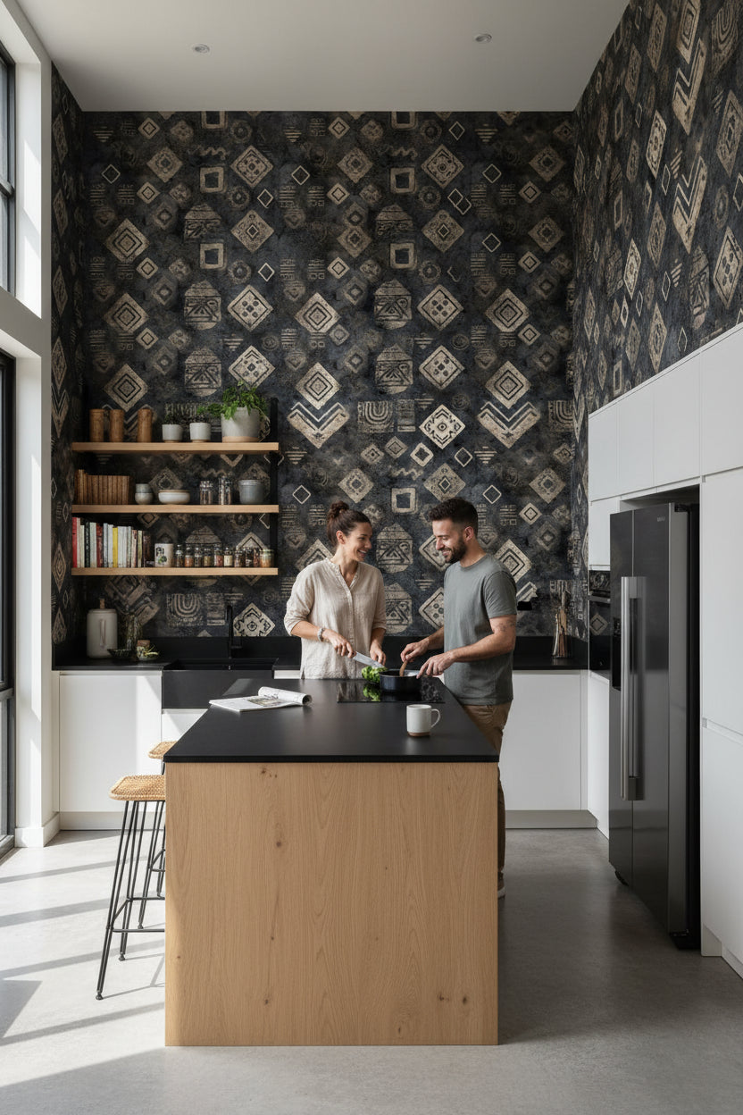 Etnik Geometrik Desenli Duvar Kağıdı Antrasit Salon Duvarı