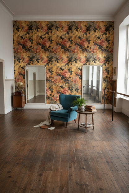 Vintage Güllü Duvar Kağıdı Altın Kahve Salon Deseni