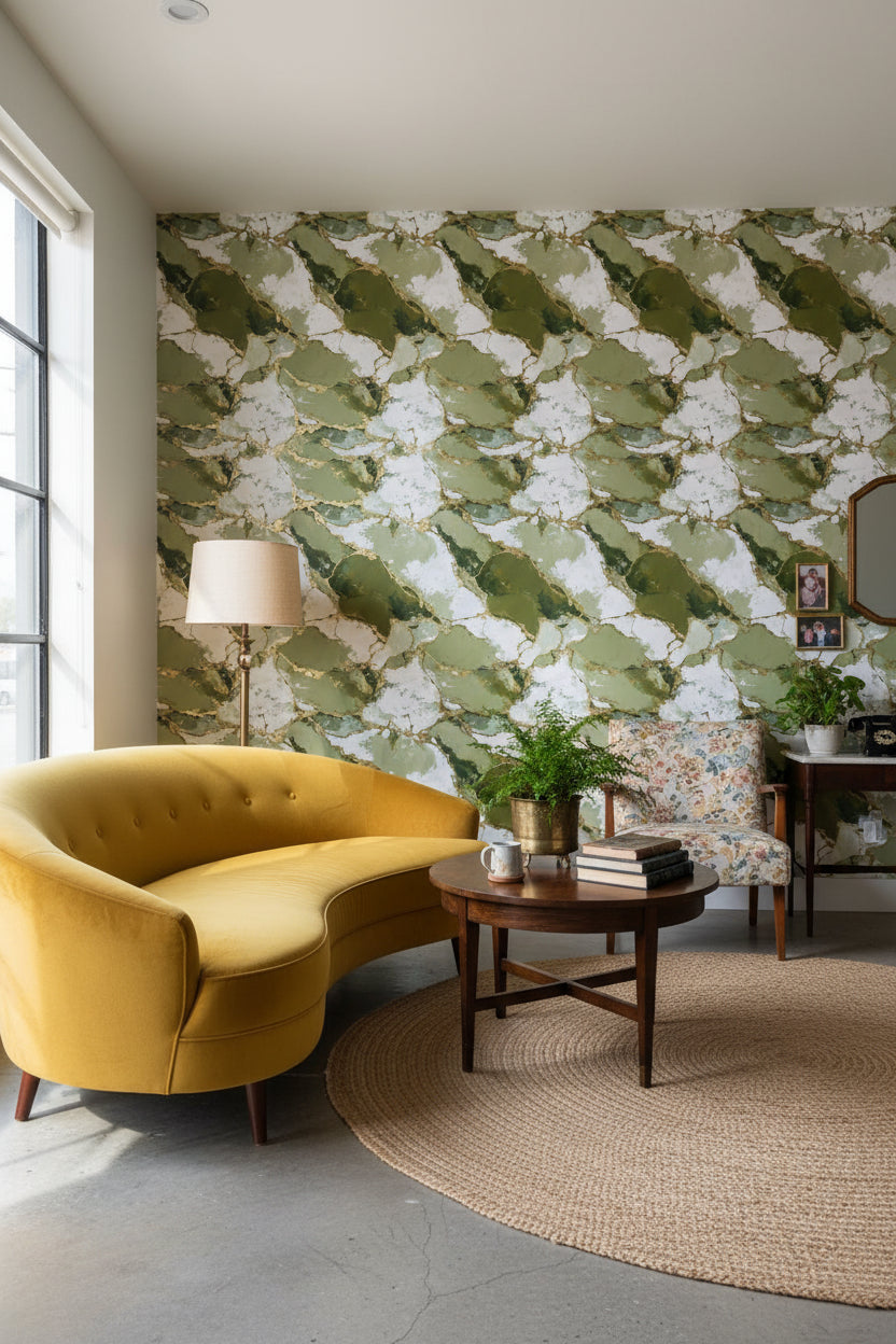 Yeşil Mermer Desenli Duvar Kağıdı Modern Salon